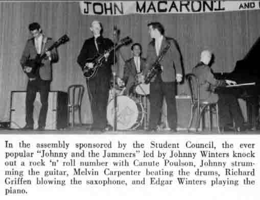 Photo of Johnny Winter (aka John Macaroni) and the Jammers band. From Left to Right: Canute Poulson (Bass), Johnny Winter (Guitar, Vocals), Melvin Carpenter (Drums), Richard Griffen (Saxophone), Edgar Winter (Piano)